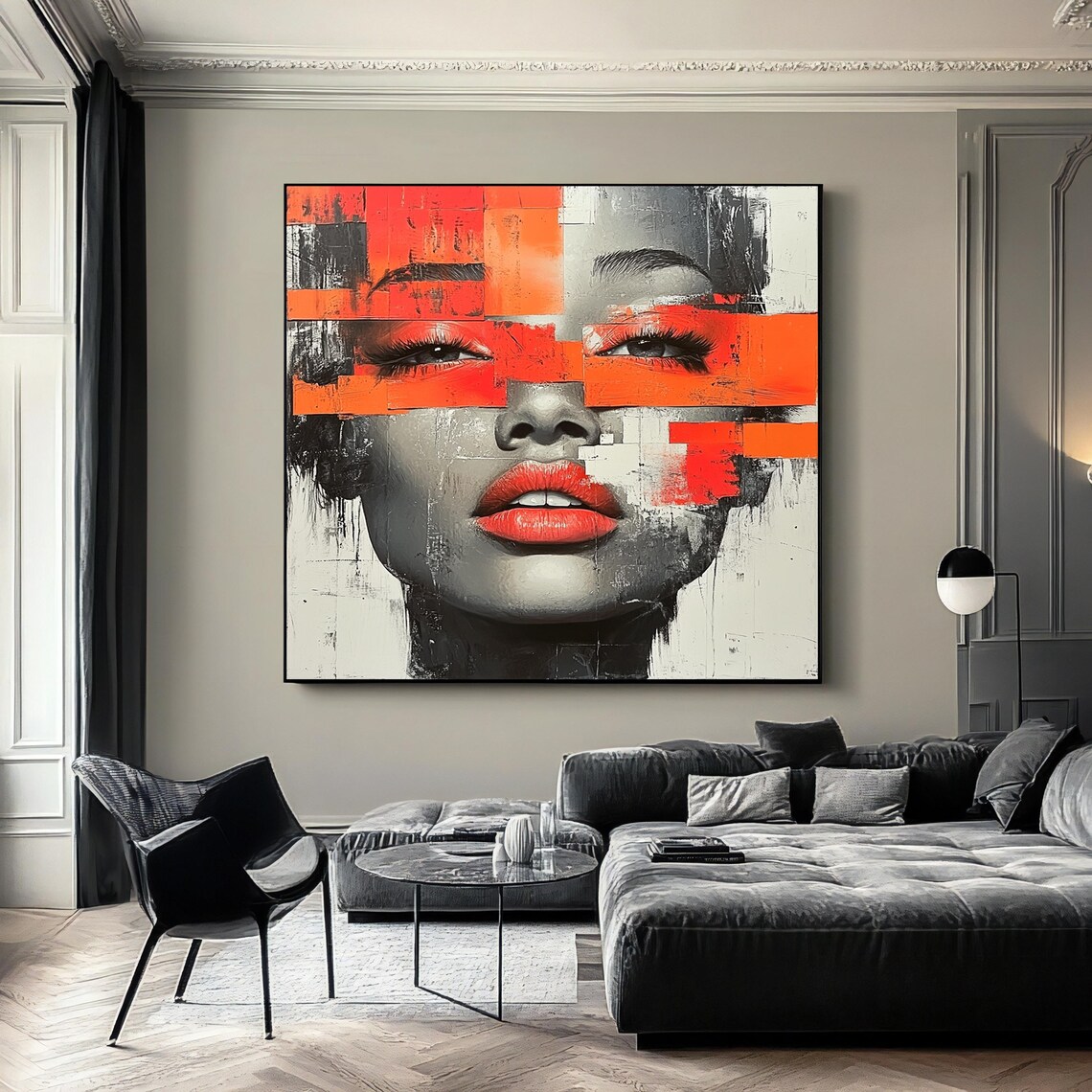 Abstract Woman Face Portrait Modern Art Red Black Pop Painting Wall Poster