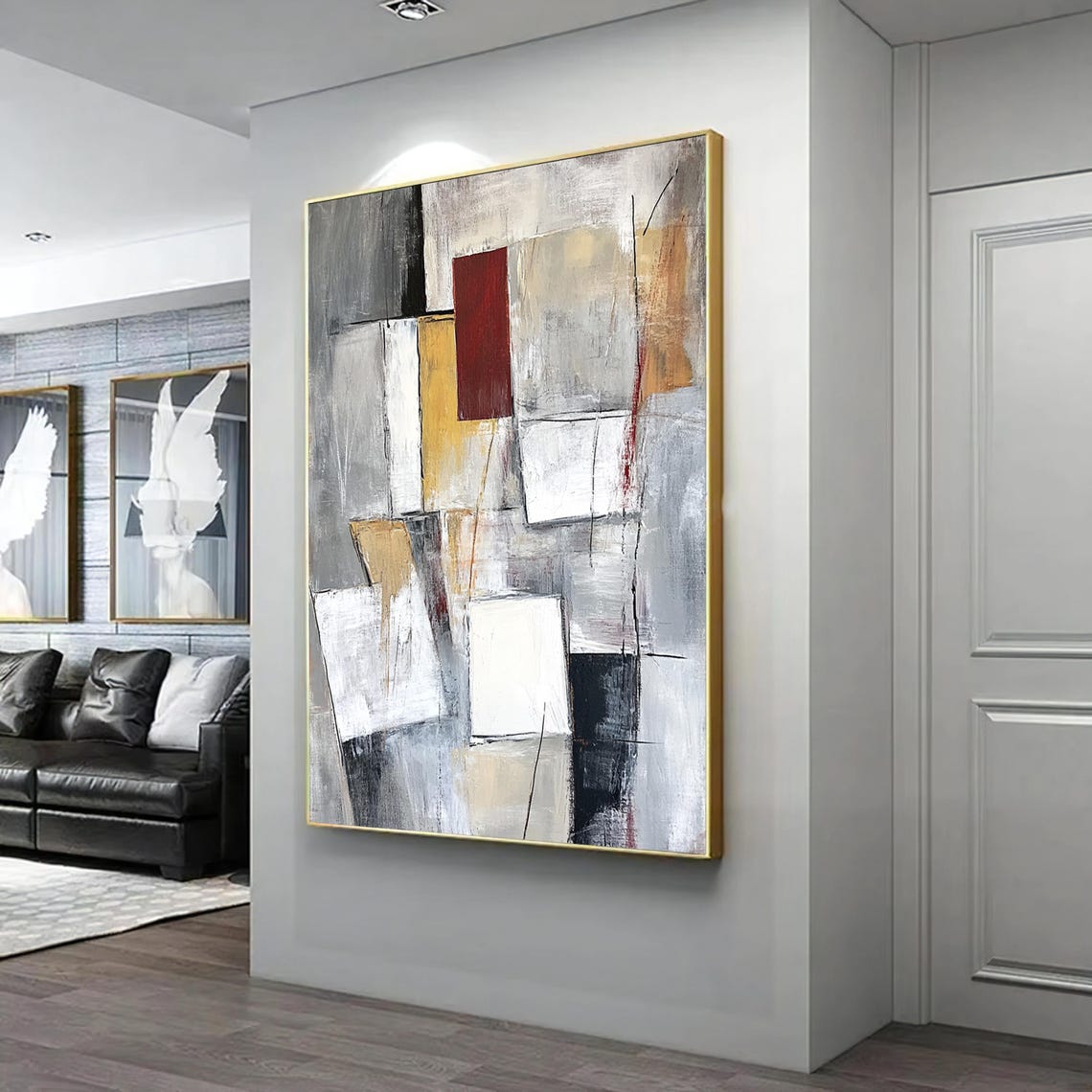 Abstract Geometric Grey White Red Gold Modern Minimalist Wall Art