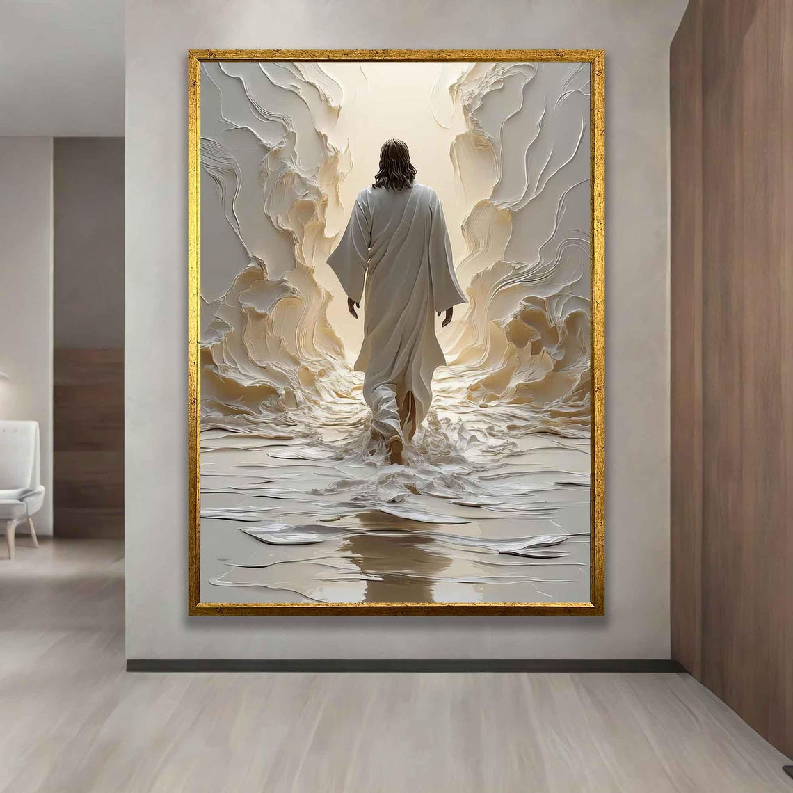 Jesus Walking Through Parted Waters White Relief Spiritual Art Print - Image 4