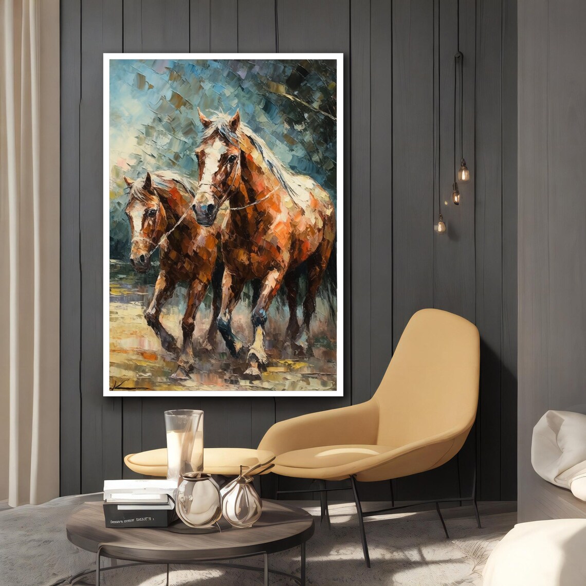 Two Chestnut Horses Running Wild Palette Knife Painting Poster - Image 2