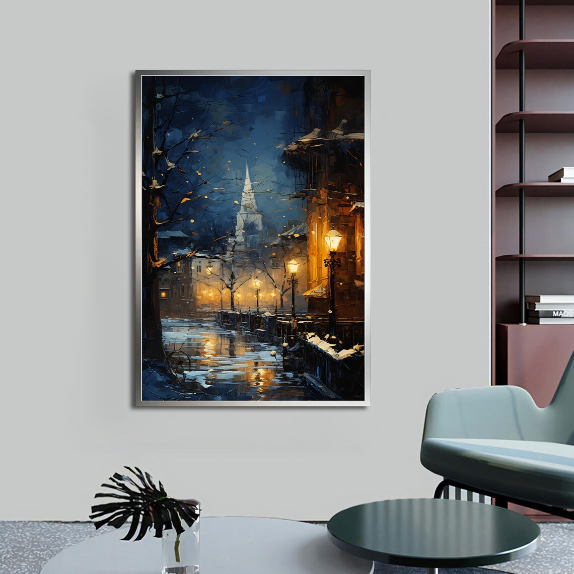 Winter Night Old Town Church Spire Lamp Glow Snowy Street Art Poster - Image 4