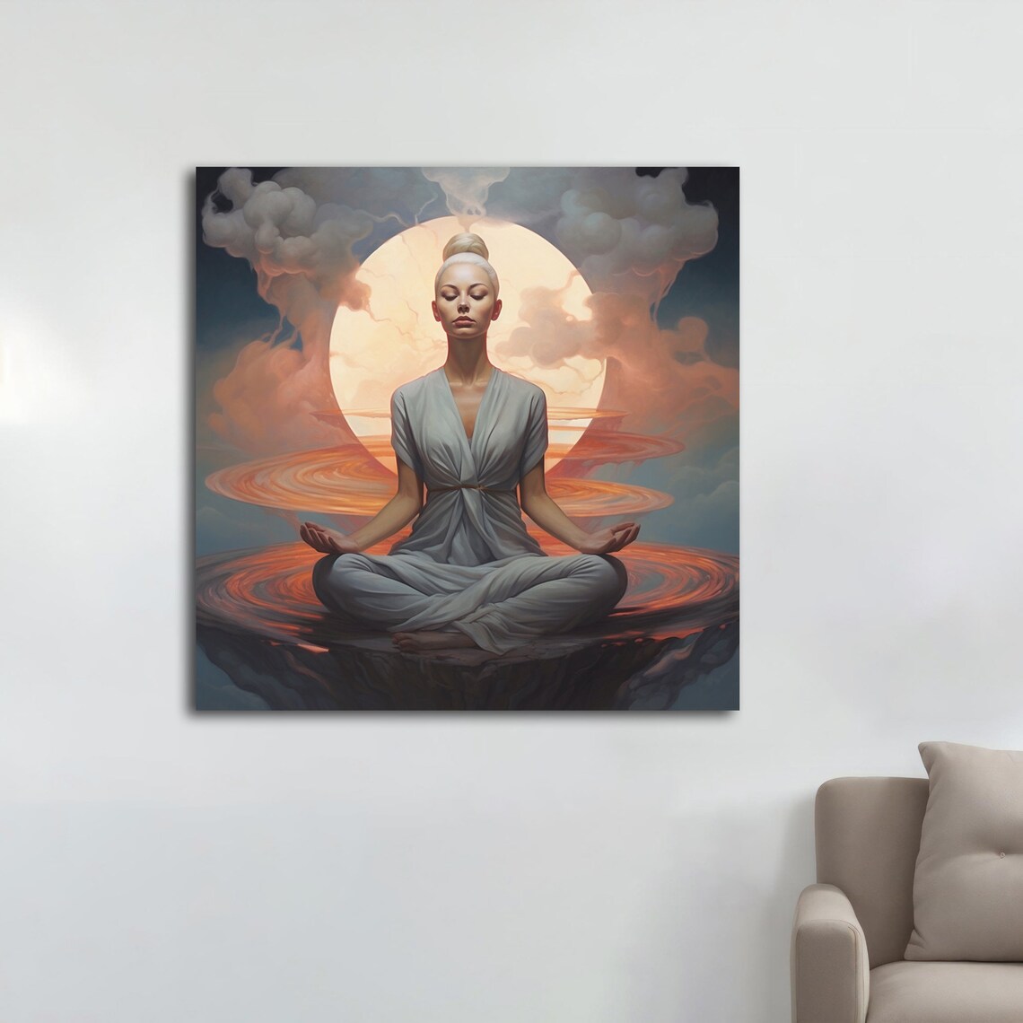 Meditating Woman Sunset Moon Sky Serene Yoga Zen Spiritual Wall Art - Image 5
