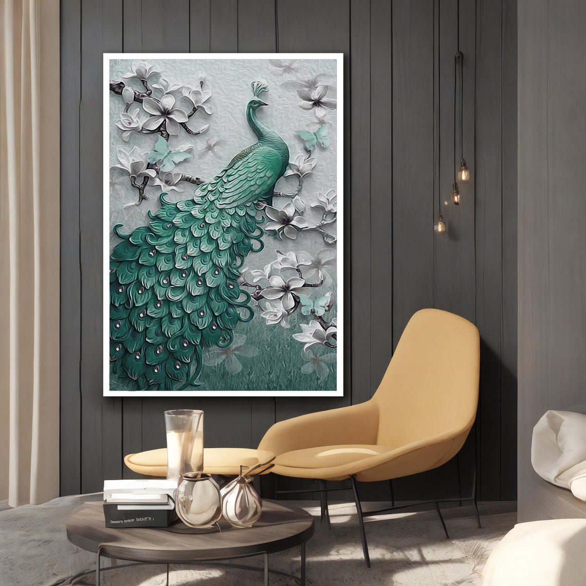 Green Peacock Among White Blossoms Butterflies Elegant Poster - Image 2