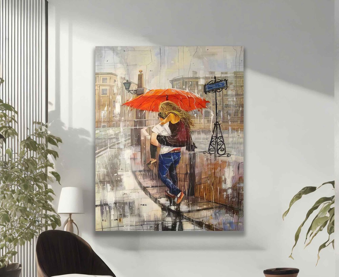 Lovers Kissing Under Red Umbrella Rainy Paris Street Romantic Poster - Image 2