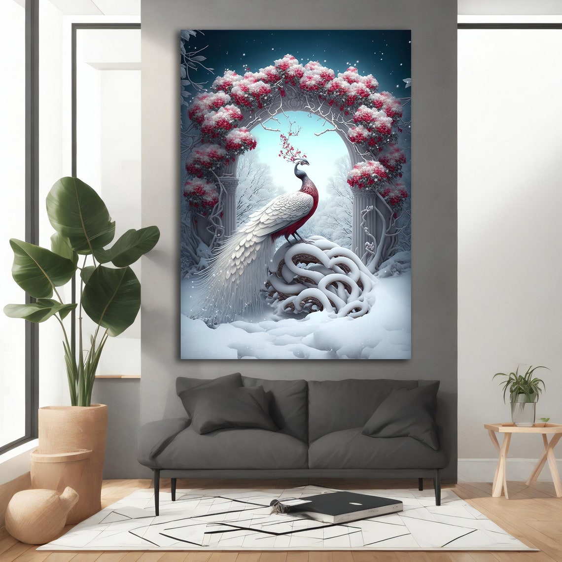 White Peacock In Snow Winter Arch Cherry Blossom Magic Poster - Image 3