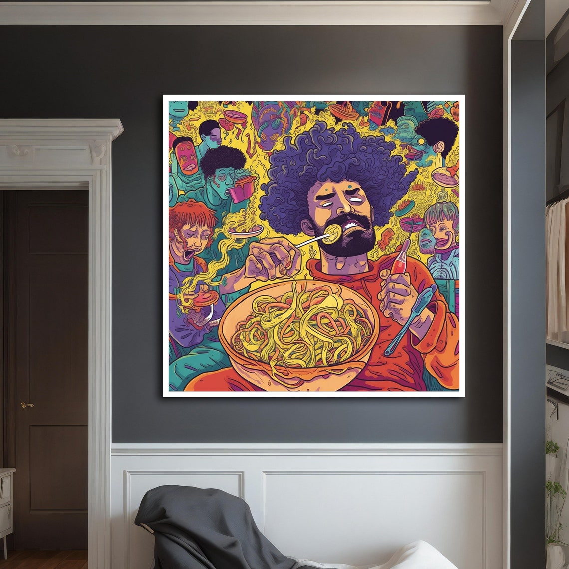 Man Eating Giant Bowl Of Spaghetti Psychedelic Graffiti Pop Art Print