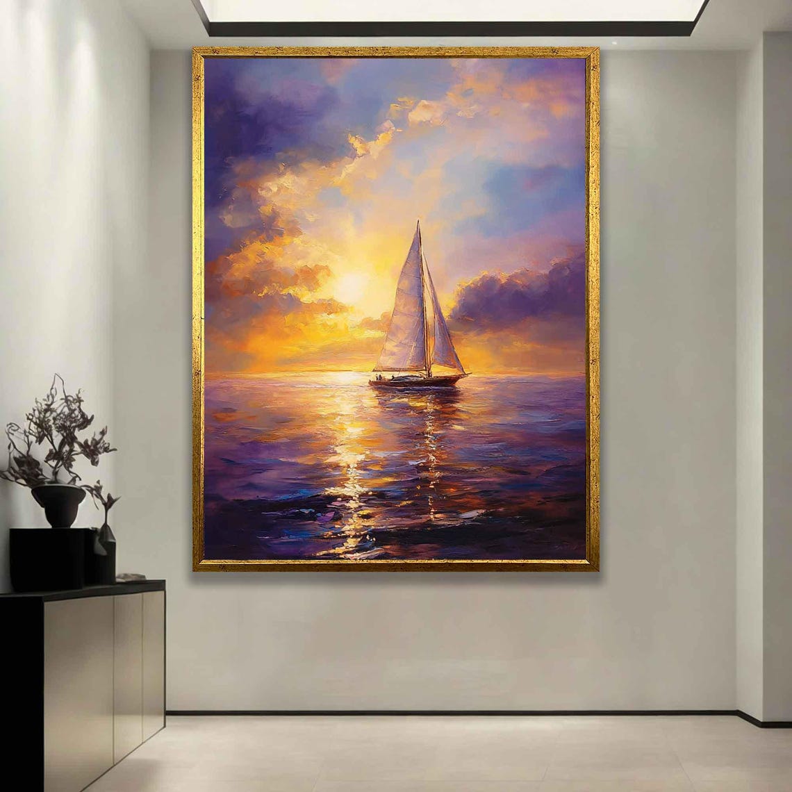 Lone Sailboat Sunset Purple Orange Clouds Golden Reflection Poster - Image 4