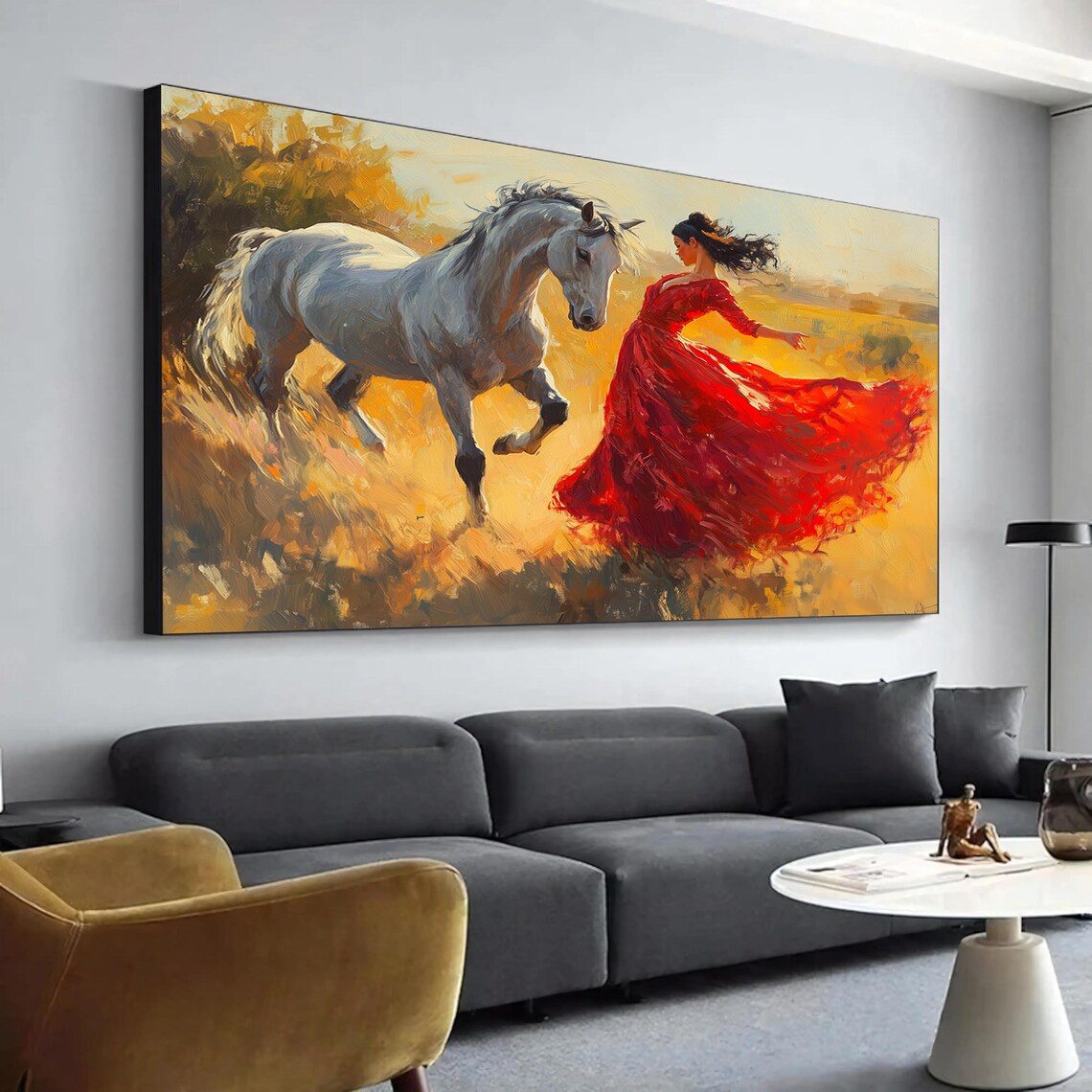 Woman Red Dress Dancing Grey Horse Golden Autumn Field Painting Poster