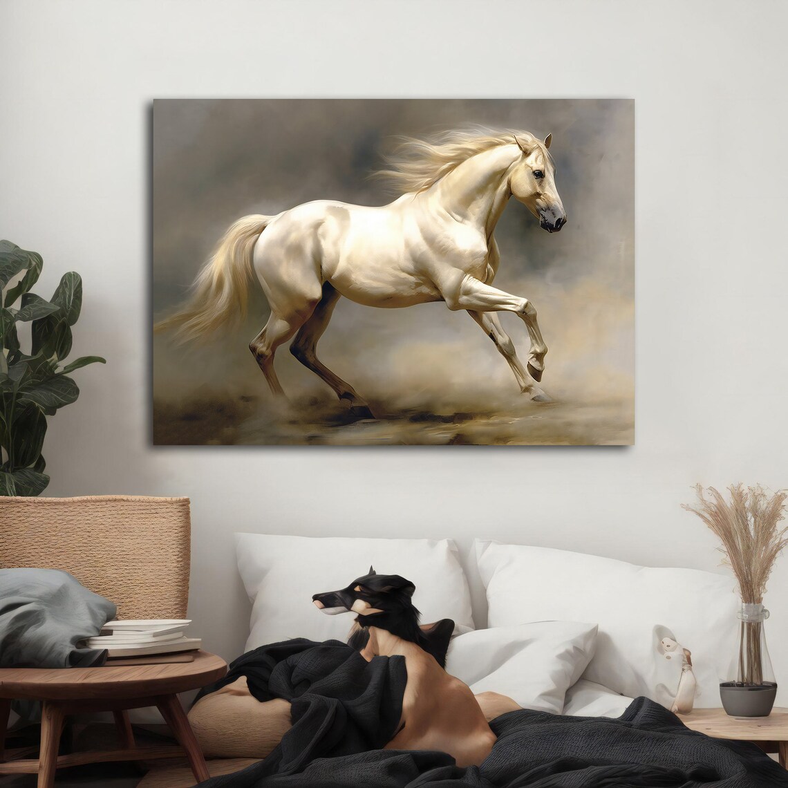 White Horse Galloping Through Golden Mist Dust Majestic Running Poster - Image 2