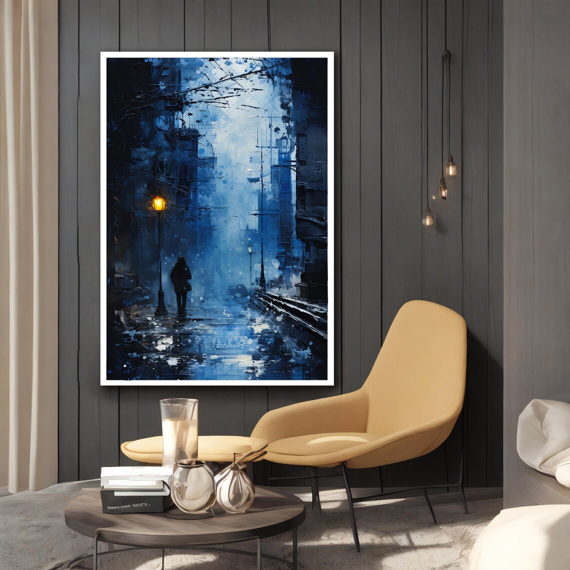 Blue Rainy City Street Night Umbrella Figure Lamp Glow Oil Art Poster - Image 2