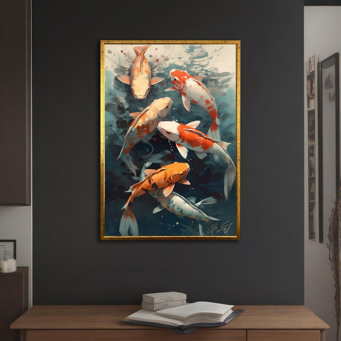 Orange White Koi Fish Swimming Pond Japanese Watercolor Art Poster - Image 5