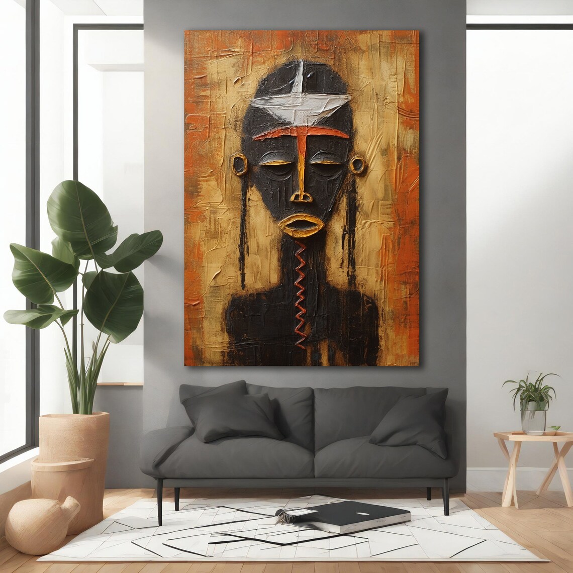 African Tribal Mask Gold Ochre Textured Abstract Ethnic Art Poster - Image 3
