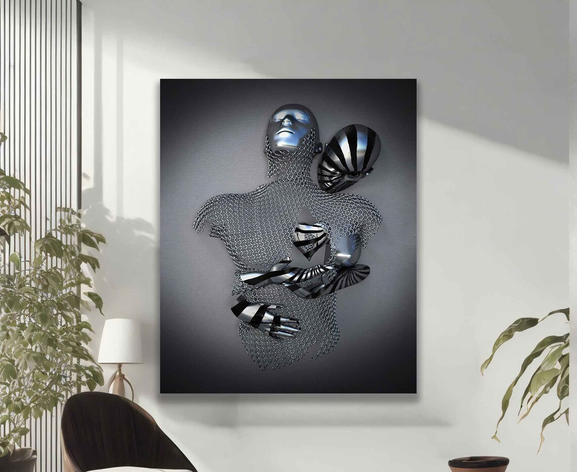 Zebra Striped Kiss Chainmail Man Surreal Sculpture Couple Art Poster - Image 2