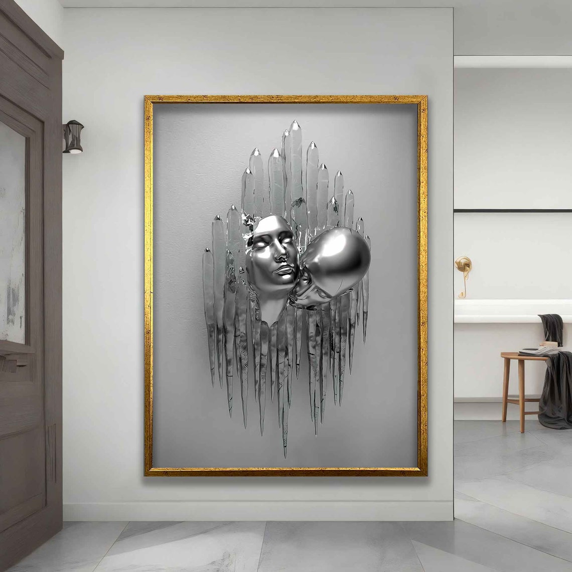 Silver Kissing Heads Melting Ice Crystal Surreal Sculpture Art Poster - Image 4