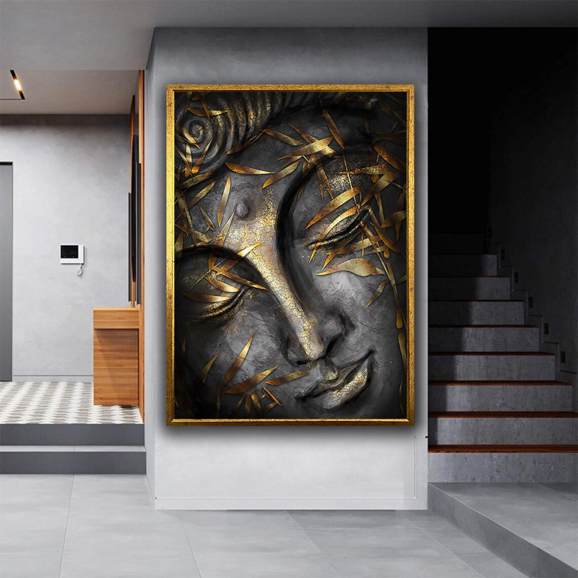Black Gold Leaf Buddha Face Serene Spiritual Calm Decor Wall Art Poster - Image 5