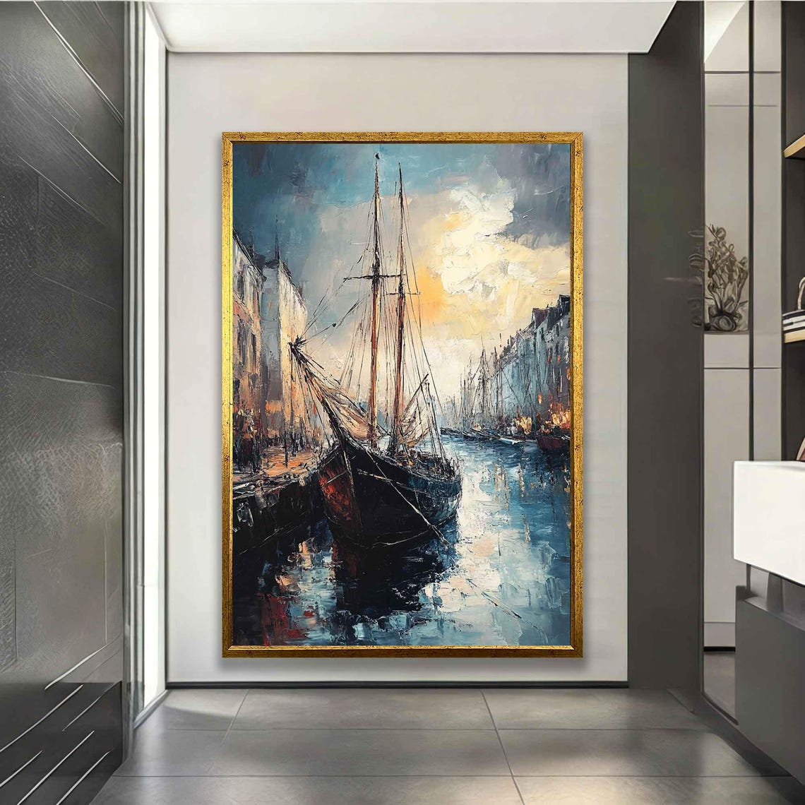 Tall Sailing Ship Harbor Sunset Impressionist Oil Painting Poster - Image 3
