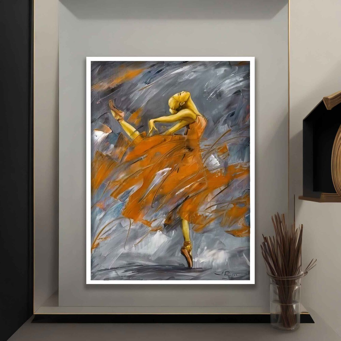Ballerina Twirling Orange Skirt Gray Abstract Painting Wall Poster - Image 4