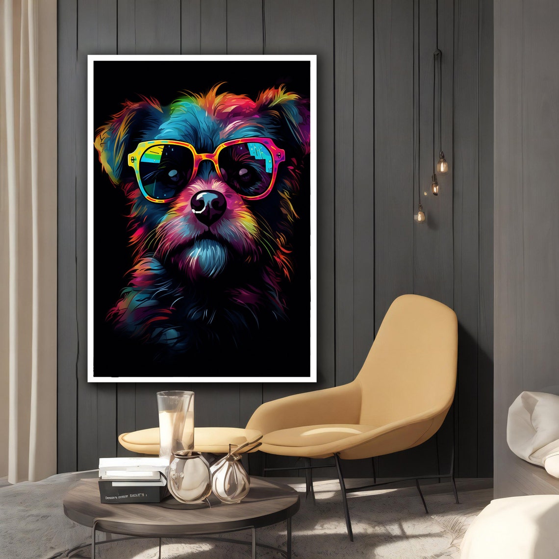 Cool Colorful Dog Wearing Rainbow Sunglasses Neon Black Wall Art - Image 2