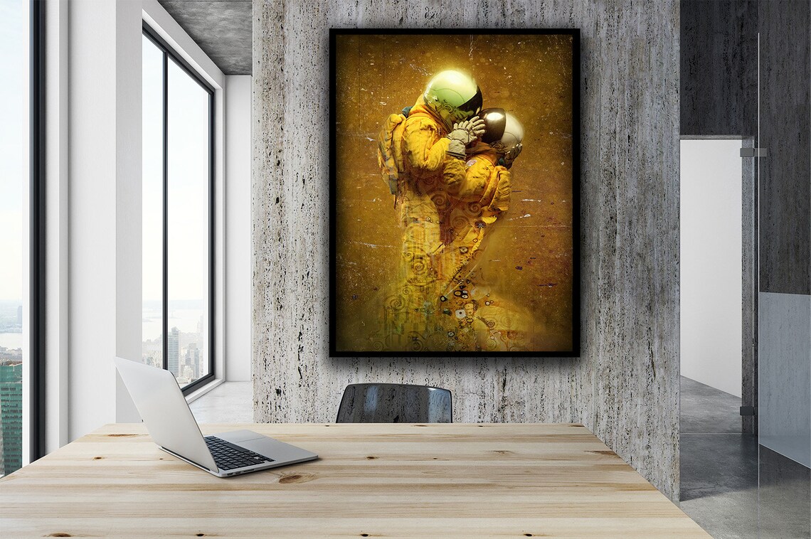 Astronauts Kissing Klimt Style Gold Space Lovers Embrace Wall Art Poster - Image 2