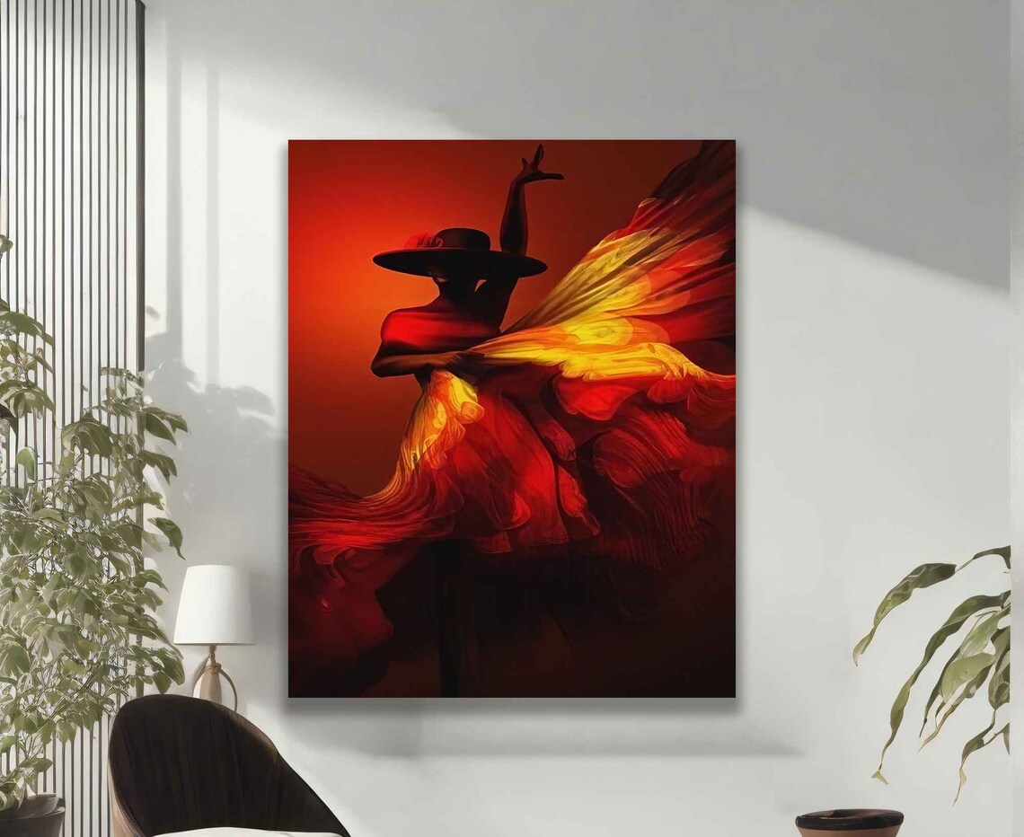 Flamenco Dancer in Hat Fiery Red Dress Silhouette Art Wall Poster - Image 2