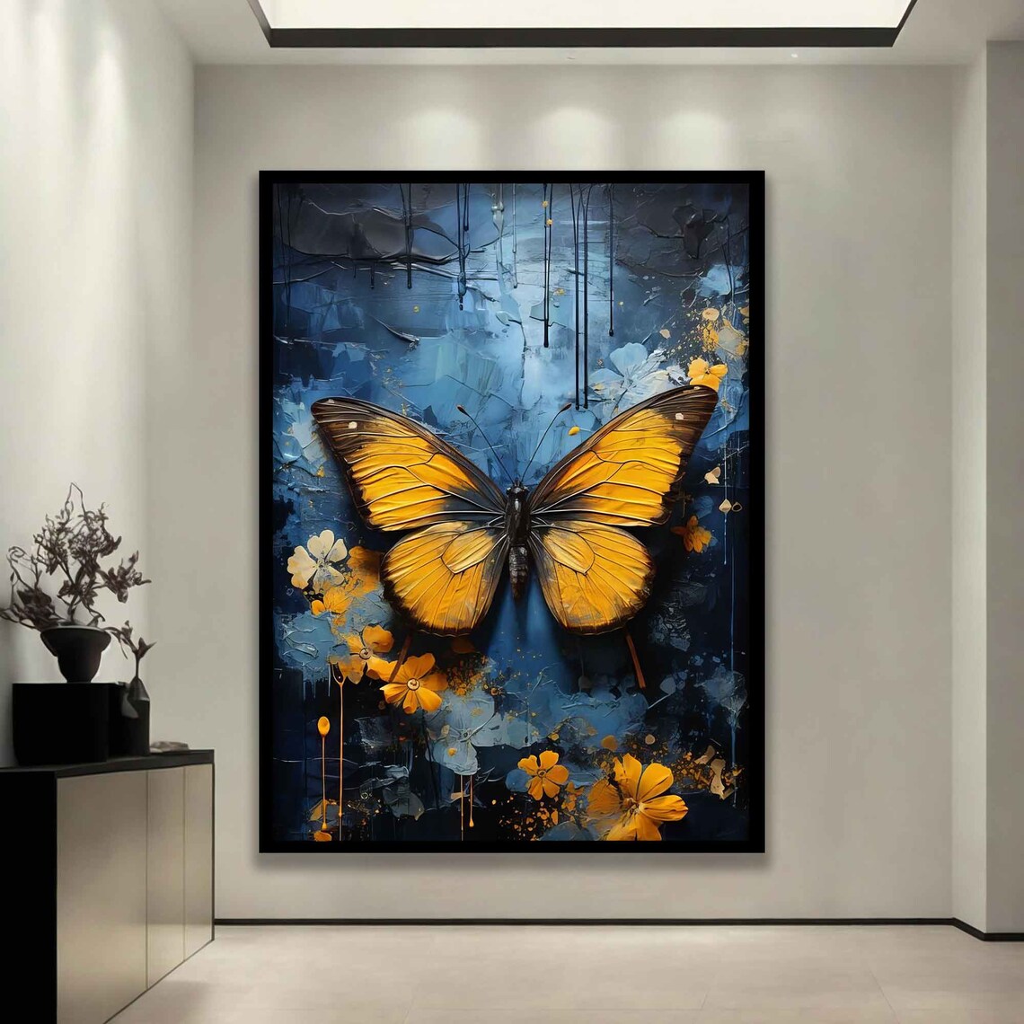 Golden Butterfly on Dark Blue Floral Abstract Art Wall Poster - Image 2