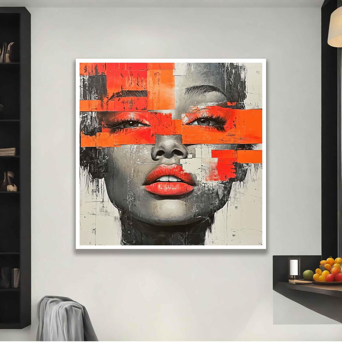 Abstract Woman Face Portrait Modern Art Red Black Pop Painting Wall Poster - Image 2
