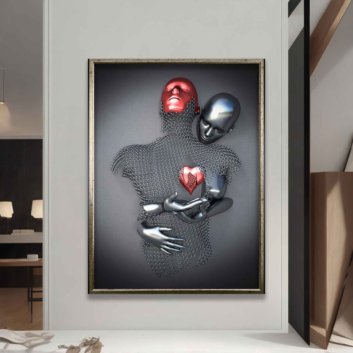 Red Heart Love Two Figures Chainmail Sculpture Couple Embrace Poster - Image 5