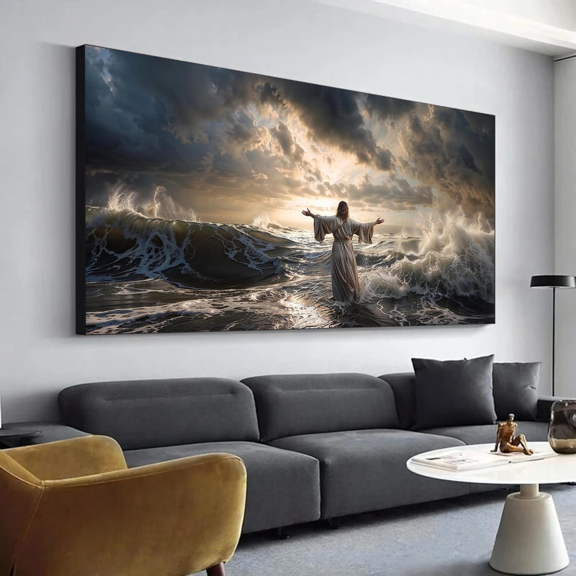 Jesus Calming Stormy Ocean Waves Arms Open Dramatic Sunset Art Poster