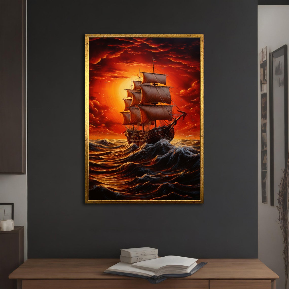 Tall Ship Glowing Sunset Behind Billowing Sails Ocean Waves Poster - Image 3