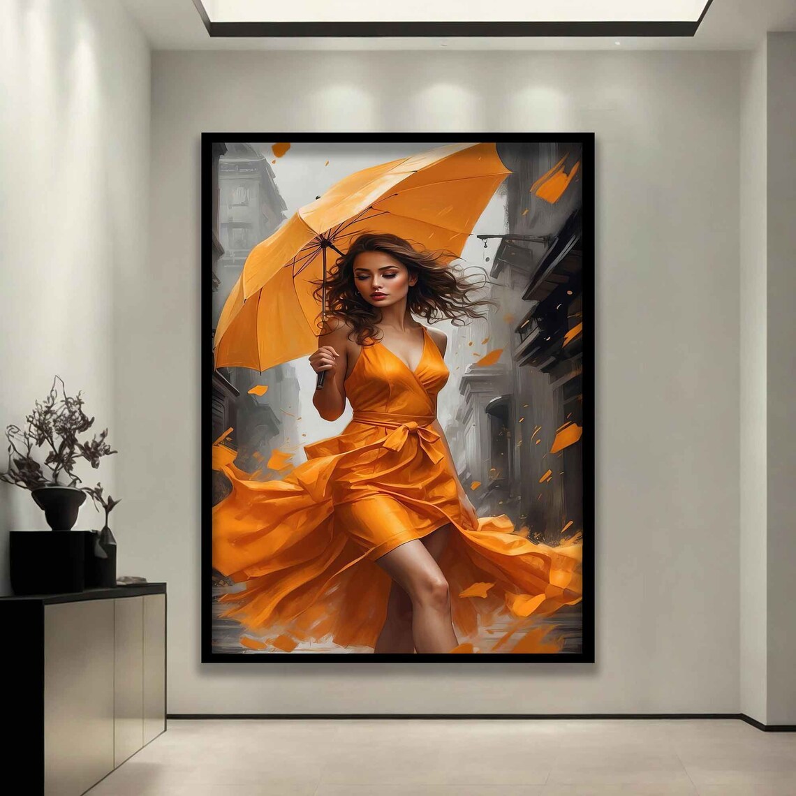 Woman with Orange Umbrella in City Street Vivid Art Wall Poster - Image 5