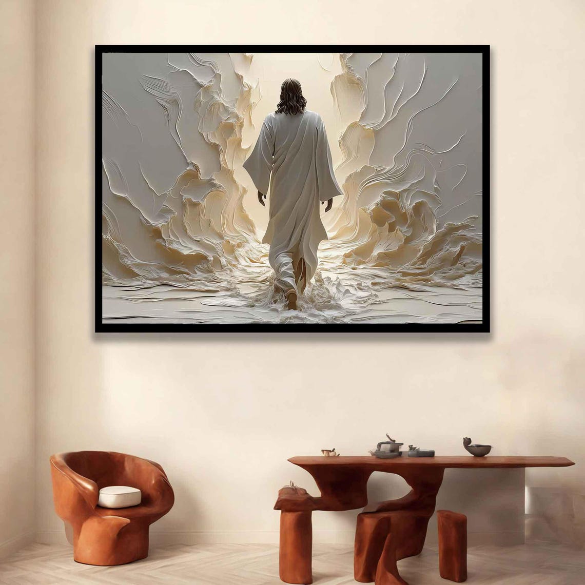 Jesus Walking Through Parted Sea Cream White Ethereal Painting Poster - Image 2