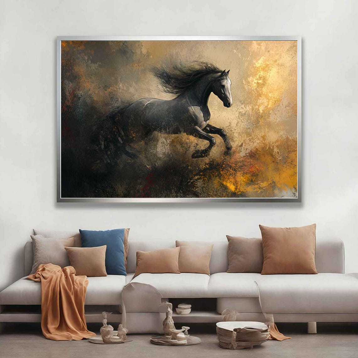 Black Horse Galloping Through Golden Smoke Dramatic Dark Art Poster - Image 5