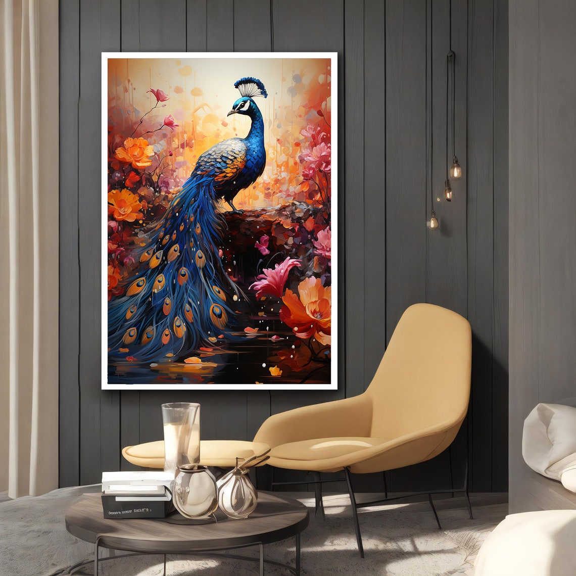 Blue Peacock Among Vibrant Flowers Full Tail Garden Art Poster - Image 2