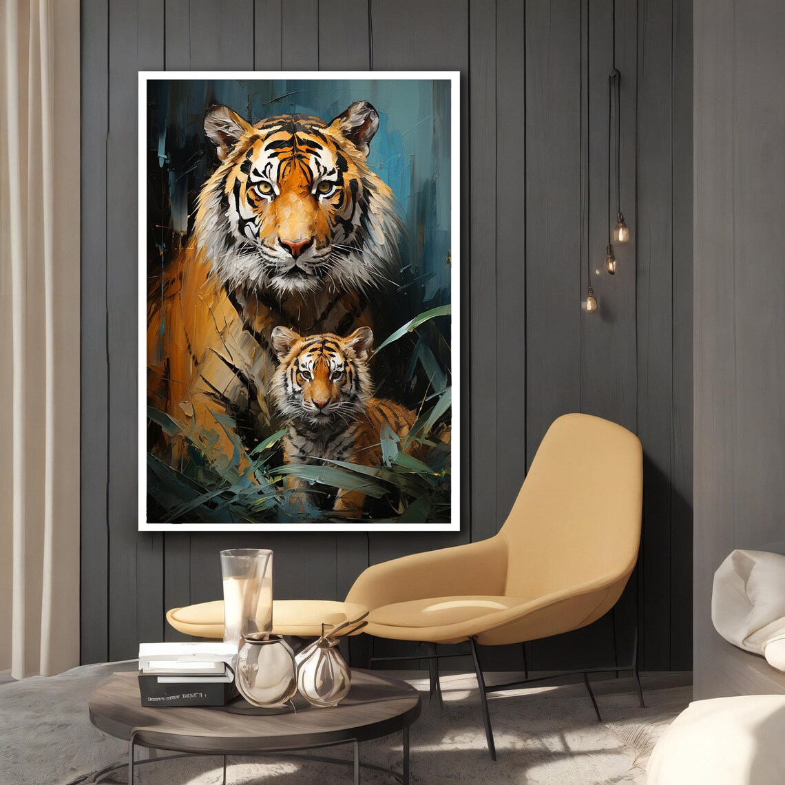 Tiger And Cub Jungle Teal Portrait Big Cat Wildlife Painting Wall Art Poster - Image 2