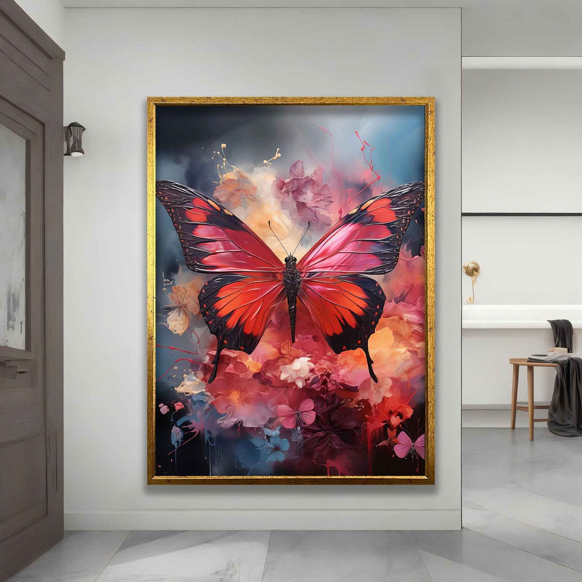 Pink Butterfly with Blossom Floral Burst Colorful Art Wall Poster