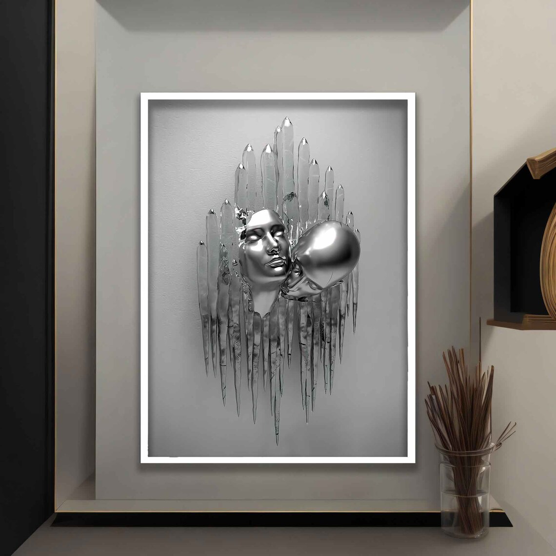 Silver Kissing Heads Melting Ice Crystal Surreal Sculpture Art Poster - Image 5