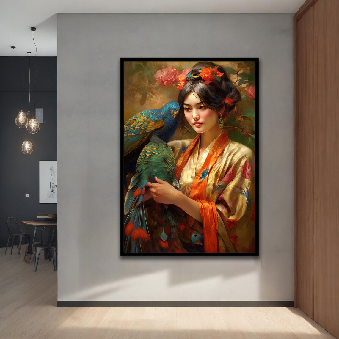 Asian Woman Floral Kimono Parrot Colorful Flowers Traditional Poster