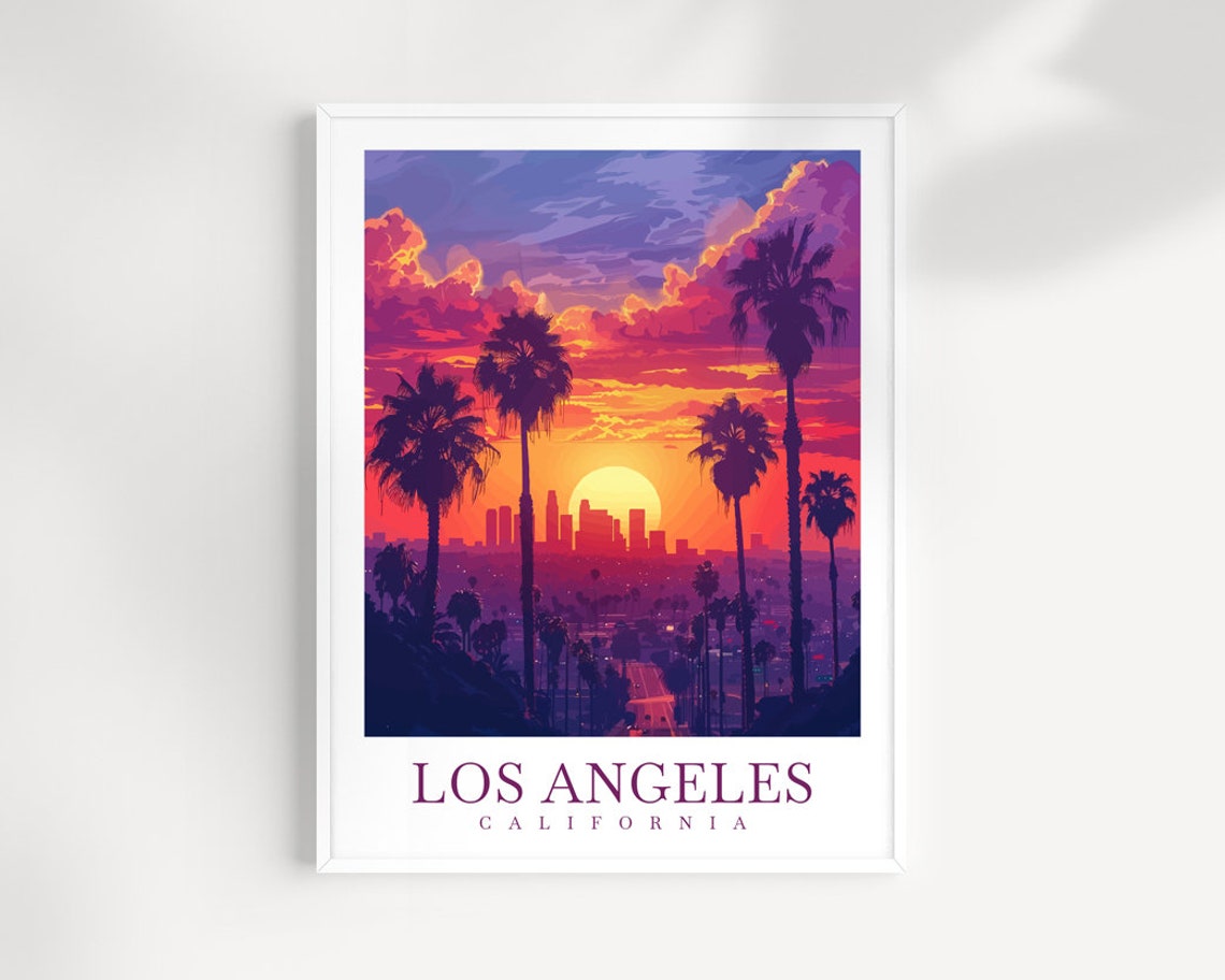Los Angeles California Sunset Skyline and Palm Trees Travel Poster