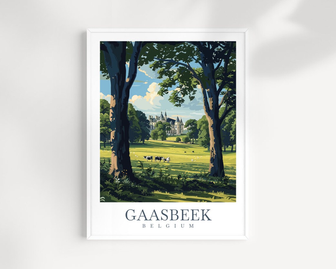 Gaasbeek Castle In A Green Meadow With Cows Belgium Travel Poster