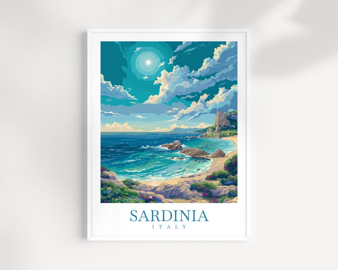 Sardinia Italy Hidden Cove Sunlit Rocks Blue Sea Travel Poster