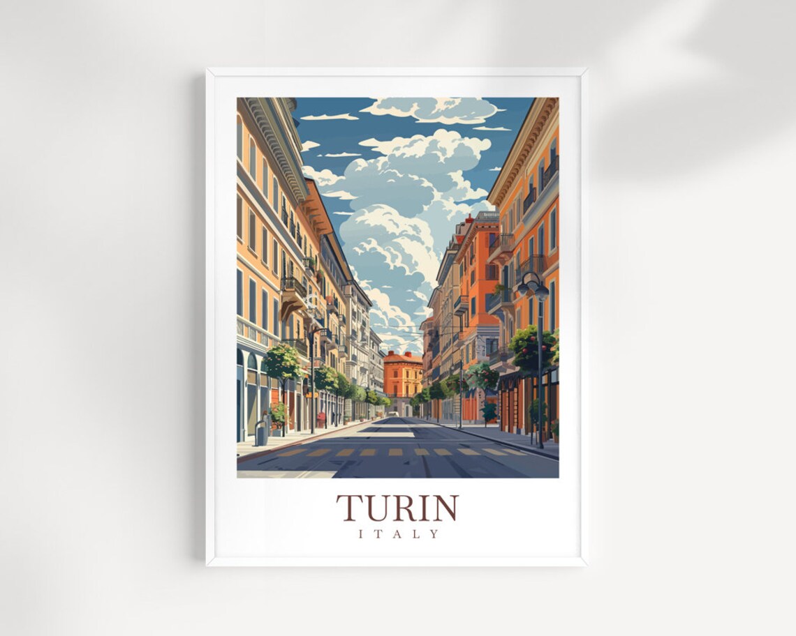 Turin Italy Sunlit Old Street Grand Buildings Travel Poster Art
