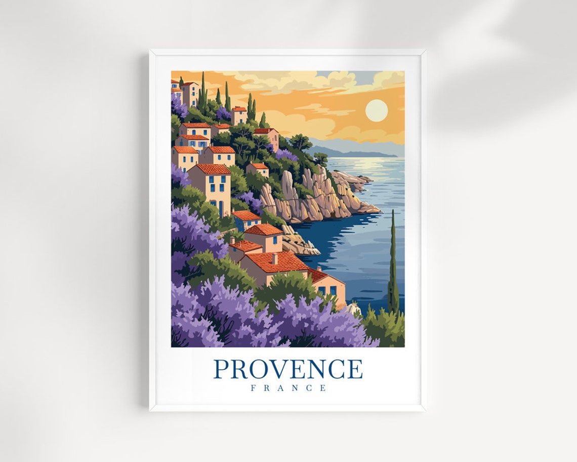 Provence France Coastal Village at Sunset Lavender Travel Poster