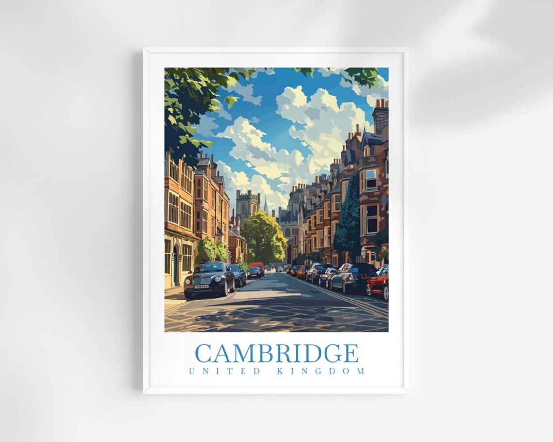 Cambridge United Kingdom Brick Street Parked Cars College Poster