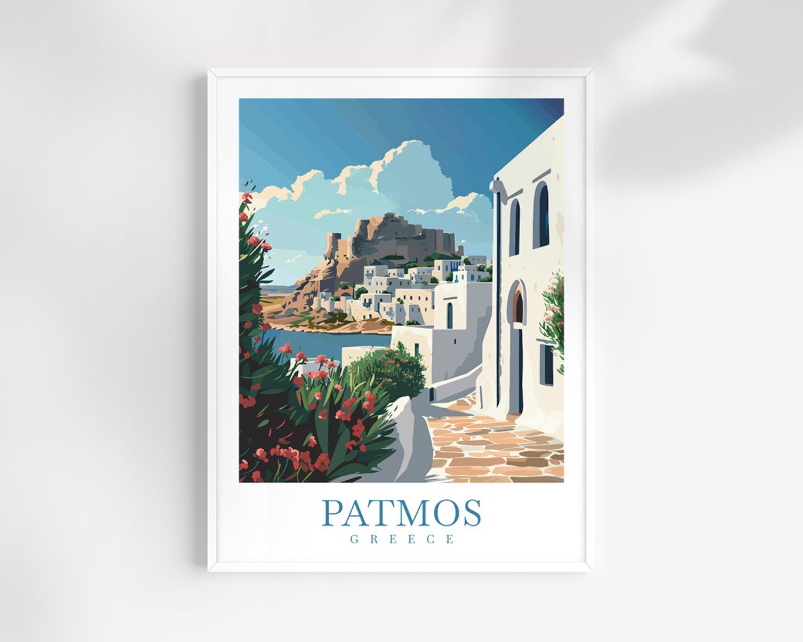 Patmos Greece Monastery Hill Whitewashed Village Bougainvillea Poster