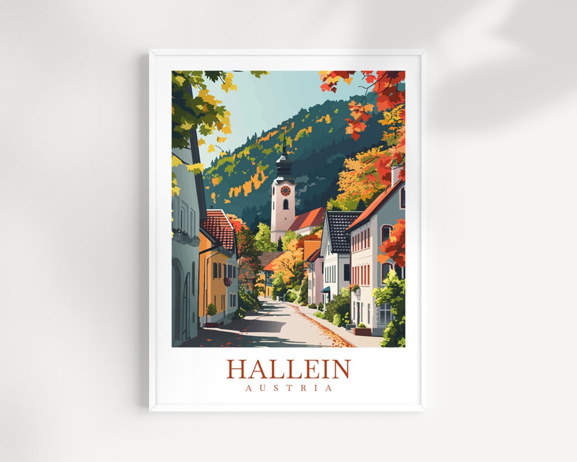 Hallein Austria Autumn Alpine Village Street Church Tower Fall Poster