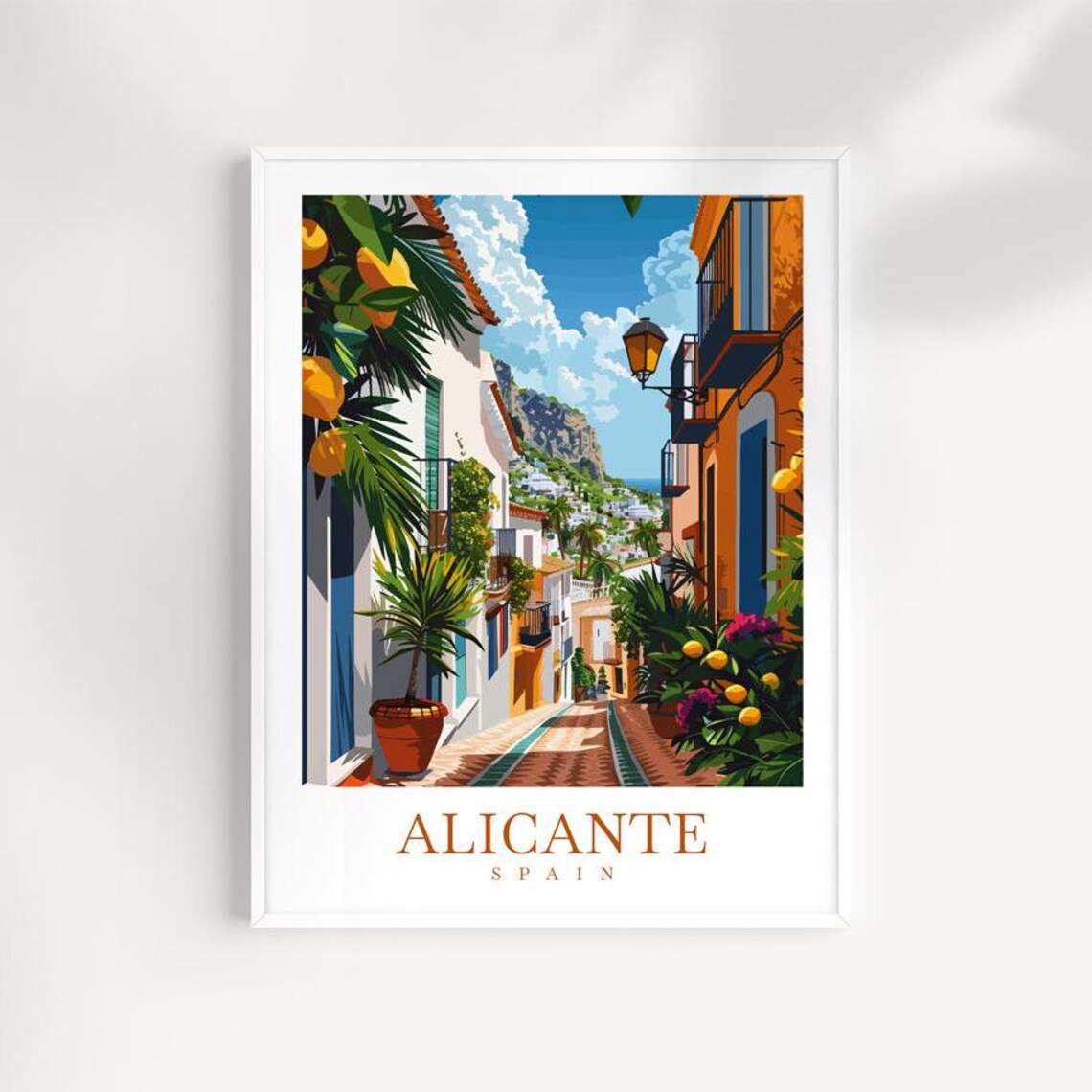 Alicante Spain Colorful Lemon Tree Alley Mountain View Travel Poster