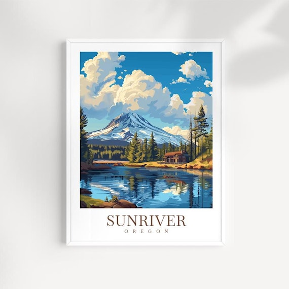 Sunriver Oregon Mountain Lake Snowy Peak Cabin Travel Art Poster
