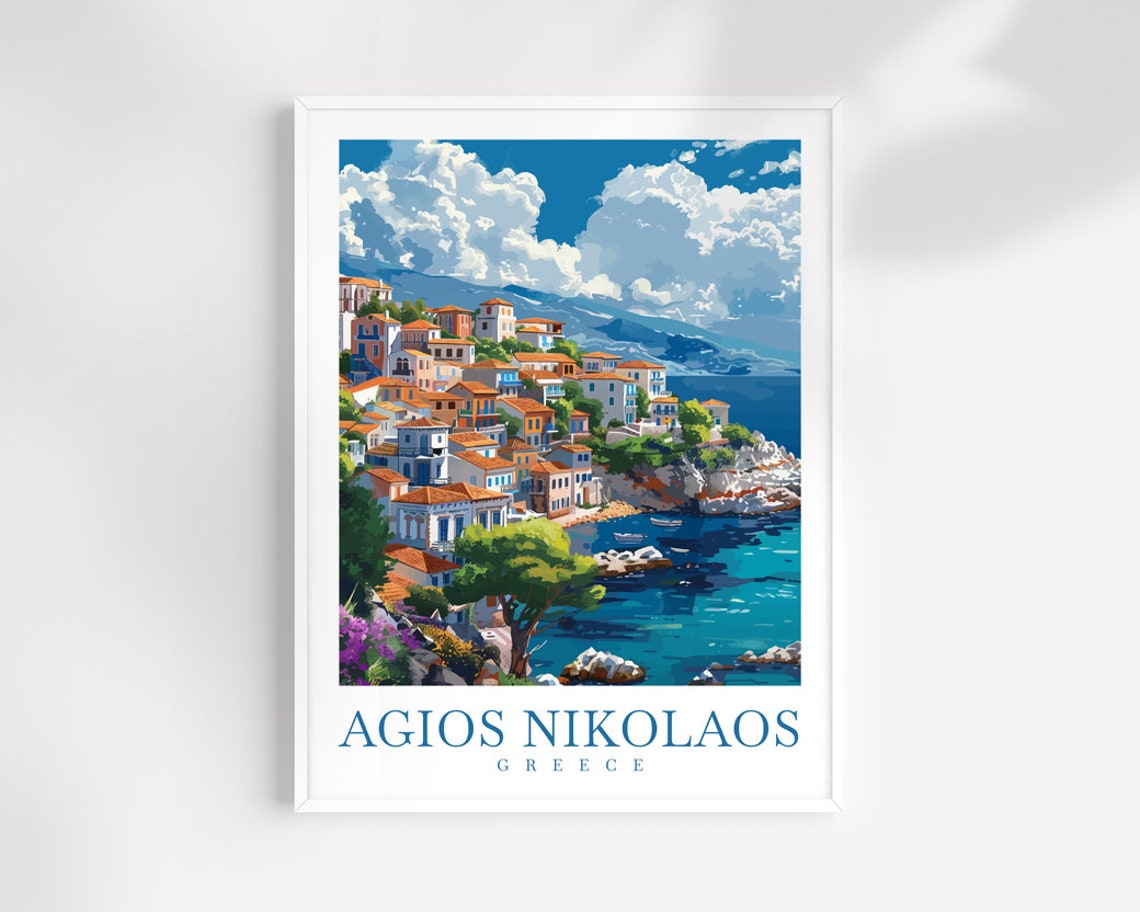 Agios Nikolaos Greece Hillside Town Blue Sea Coastal View Poster