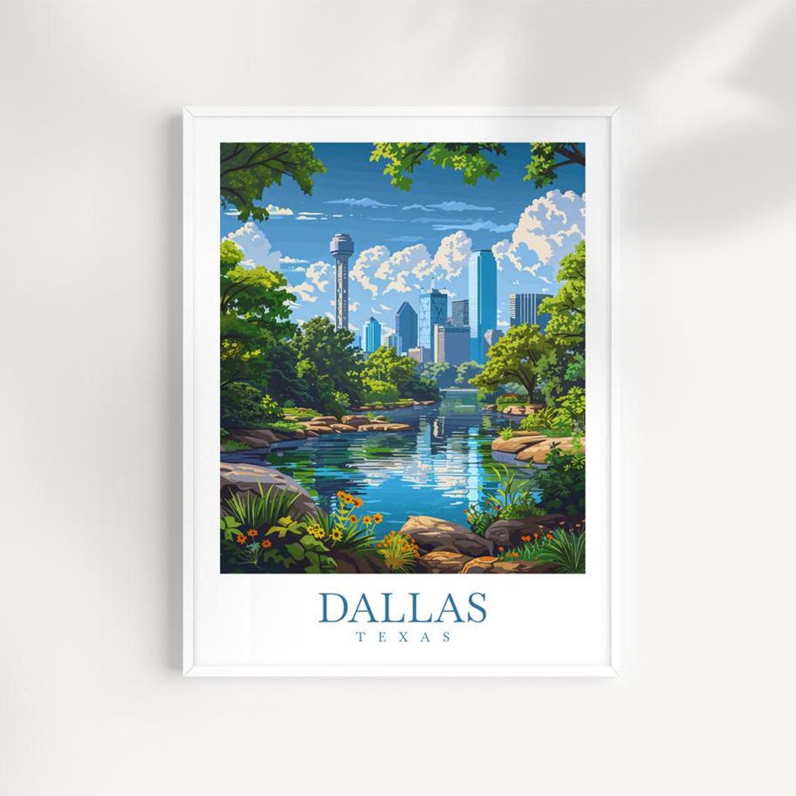 Dallas Texas Skyline Rising Behind a Wildflower Lined Creek Poster