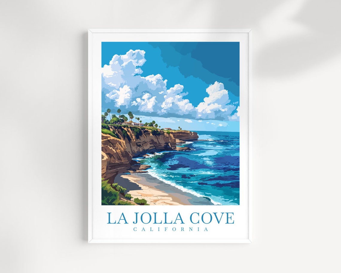 La Jolla Cove California Palm Cliffs Beach Scenic Travel Poster